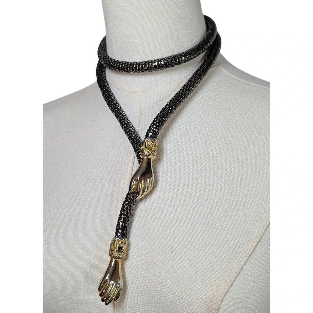Vintage DL Auld Black and Gold Mesh Clasps Hands Belt Necklace Victorian Revival